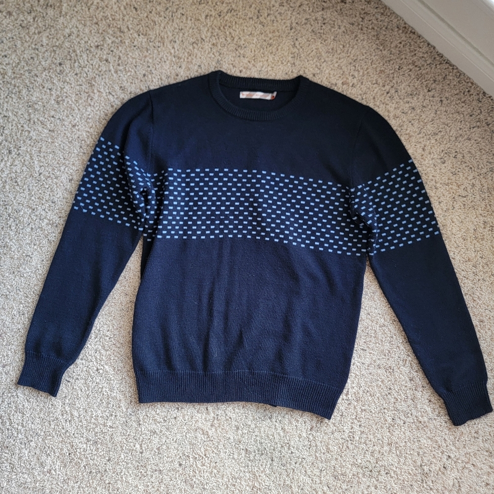 Men's Modern Amusement Navy Blue Patterned Knit Sweater Size Medium